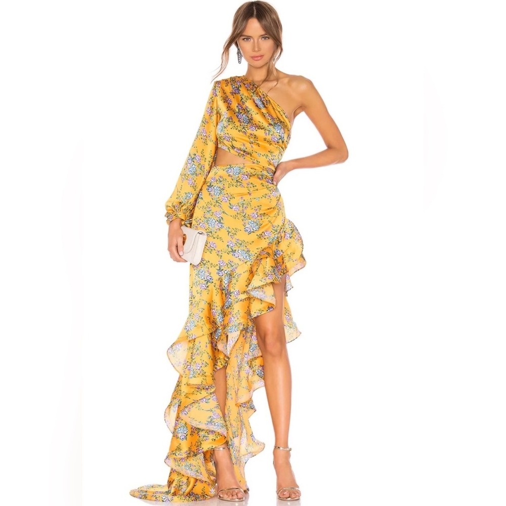 Bronx and Banco Yellow Floral One-Shoulder Asymmetrical Ruffle Gown